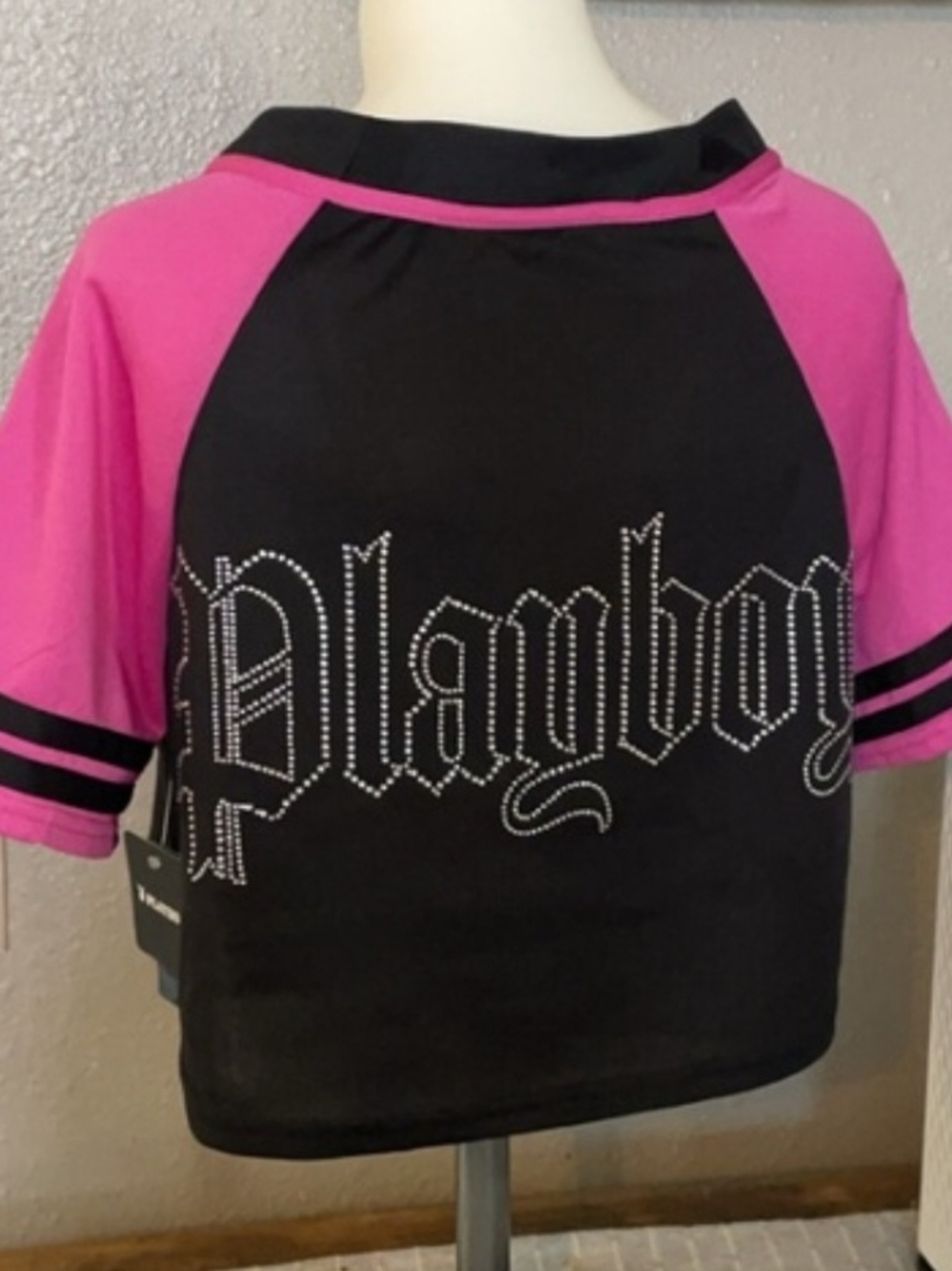 NWT PLAYBOY Black and Hot Pink Rhinestone Bunny Baseball Jersey. Size Small - Picture 2 of 9